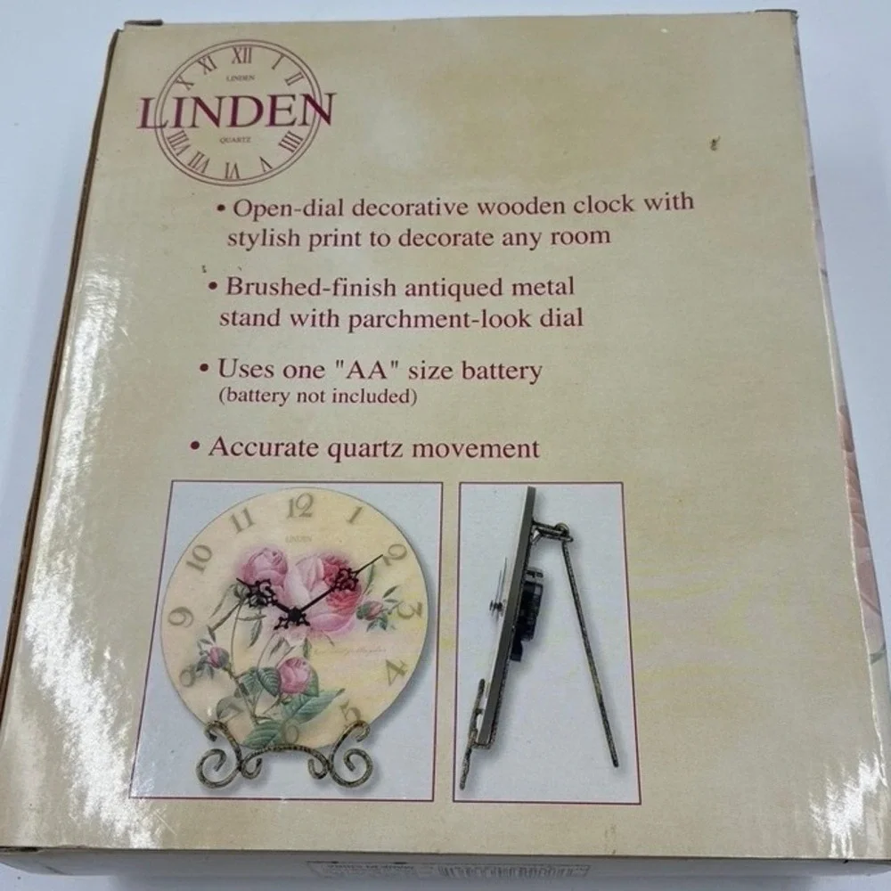 NEW Linden Roses Decorative Plate Clock Vintage Floral Quartz Table Wall Stand